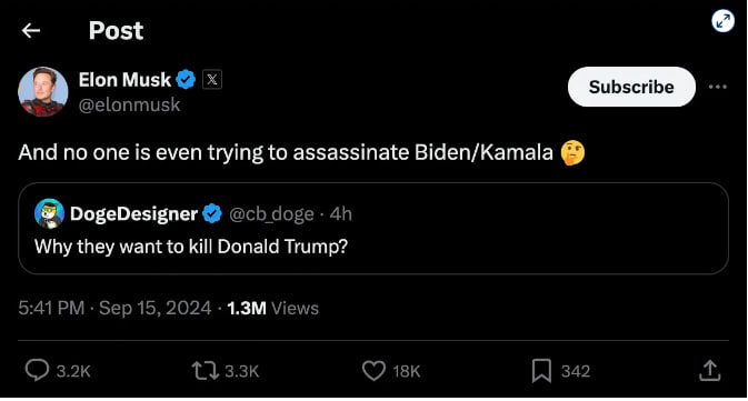 外媒：马斯克就特朗普遭“暗杀未遂”事件发文惹争议，白宫发出批评据路透社报道，美国企业家马斯克当地时间15日在社交平台X上发帖，就美国前总统特朗普遭“暗杀未遂”事件发表评论称，“甚至没人试图暗杀拜登或哈里斯”