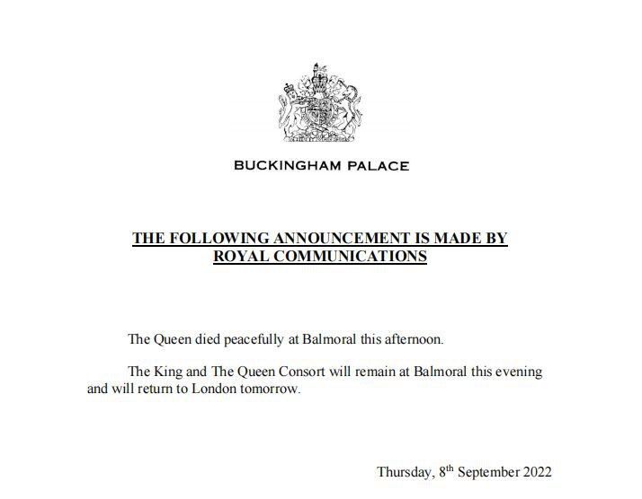 英女王伊丽莎白二世去世 享年96岁当地时间9月8日，英国女王伊丽莎白二世在苏格兰巴尔莫勒尔城堡去世，享年96岁