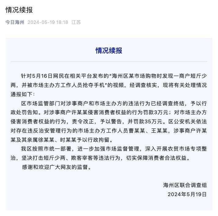 连云港再通报“商户被曝短斤少两”：市场方被罚款35万元，5人被行拘据“今日海州”微信公众号消息，针对5月16日网民在相关平台发布的“海州区某市场购物时发现一商户短斤少两，并被市场主办方工作人员抢夺手机”的视频，经调查核实，现将有关处理情况通报如下：区市场监管部门对涉事商户和市场主办方的违法行为已经调查终结，予以行政处罚告知