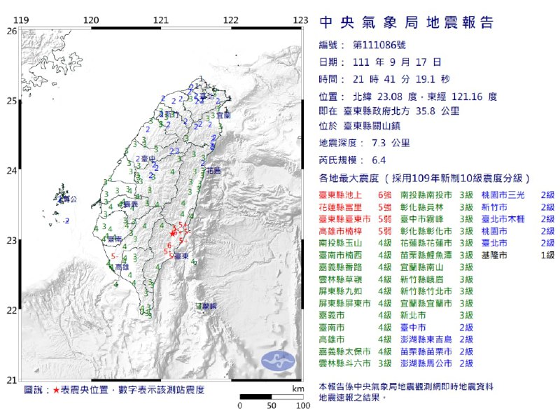 今晚9时41分，台湾台东县关山镇发生里氏6.4级地震，最大震度6强，在台东县；震度5强，在花莲县；震度5弱，在高雄市