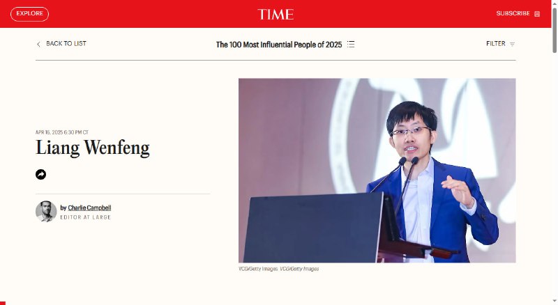 DeepSeek 梁文锋入选《时代》周刊“2025 年全球最具影响力 100 人”梁文锋出现在了“Pioneers（拓荒者）”分类中：    硅谷花了一段时间才真正理解梁文锋所取得的成就