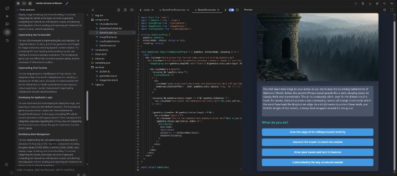 Google 的ai studio允许开发者使用模型生成交互式的Gemini SDK AI应用比如截图内是一个使用 lmagen 和 Gemini 的文本冒险游戏