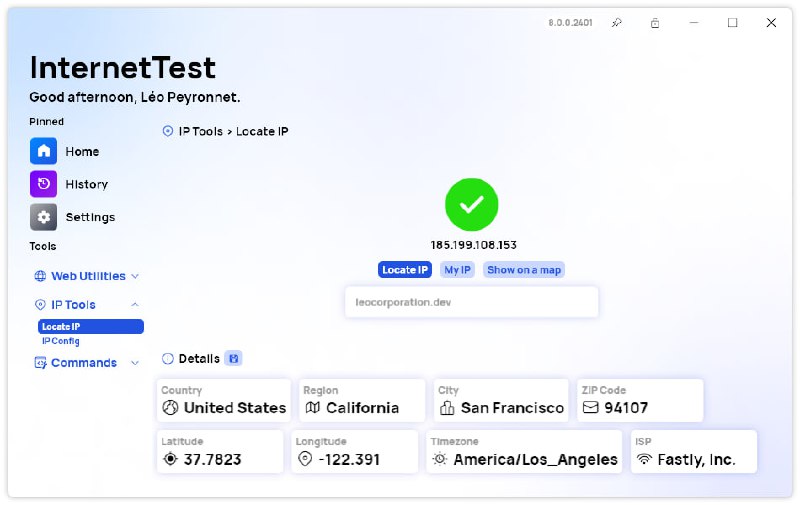 InternetTest Pro(网络测试工具)InternetTest Pro是一款Windows连接工具，功能强大，可监控和优化互联网连接，包括检查连接、测速、网站可用性、DNS检索、WiFi信息、IP显示、路由追踪和WiFi密码恢复等