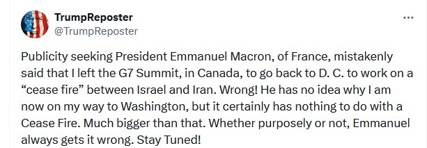 美国总统特朗普称，返回华盛顿与以色列和伊朗之间的停火无关