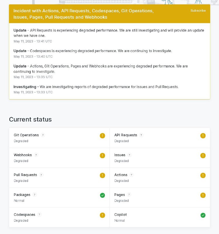 重要/简讯: GitHub 再度遇到重大障碍，几乎影响所有服务当前影响项目:Git 操作性能下降Actions 性能下降API 性能下降页面性能下降拉取请求的性能下降Codespaces 可用性下降Webhooks 可用性正下降目前 GitHub 正在调查导致许多服务体验下降的问题