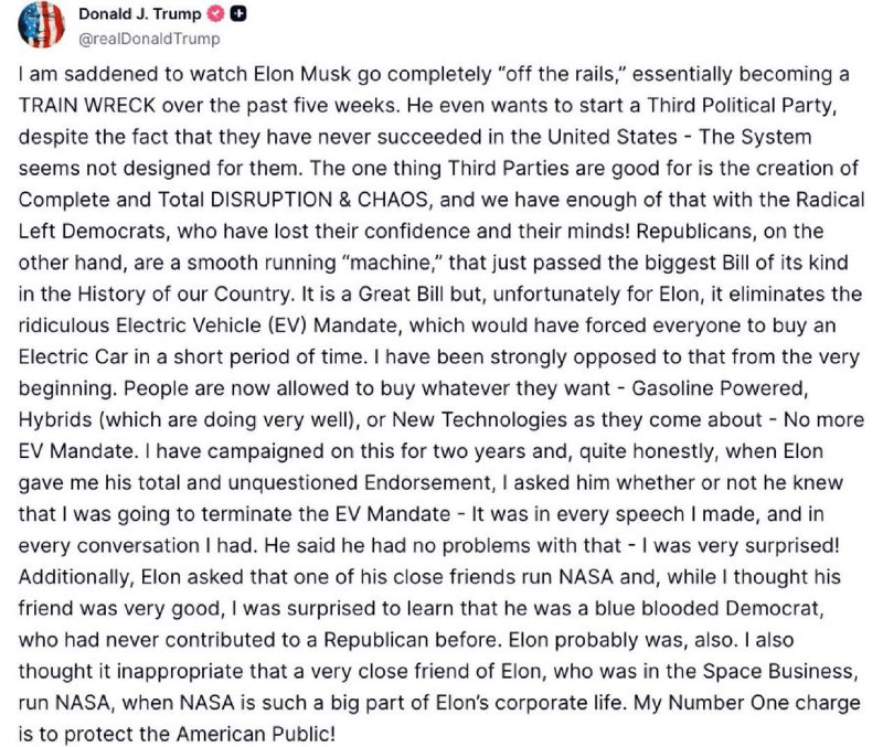 特朗普：看到埃隆·马斯克彻底‘脱轨’，我很难过，在过去五周里基本上变成了一场灾难